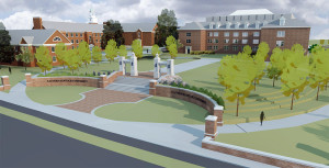  rendering is of a new pedestrian entranceway in the former location of the Combs Residence Hall, near the intersection of Lancaster Avenue and Barnes Mill Road.