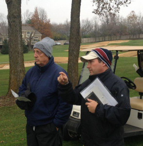 Renowned golf architect Rees Jones (left), along with architect Bryce Swanson of Rees Jones, Inc., survey the golf course at Griffin Gate Golf Club in Lexington, Kentucky, in advance of a $1 million bunker renovation that will take place at the property, which is located at the Griffin Gate Marriott Resort & Spa in Lexington. The project, which is scheduled for completion in mid-May, will be highlighted by the successful Better Billy Bunker Method, which is used on many premier courses nationwide.