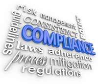 The word Compliance in blue 3d letters surrounded by related ter