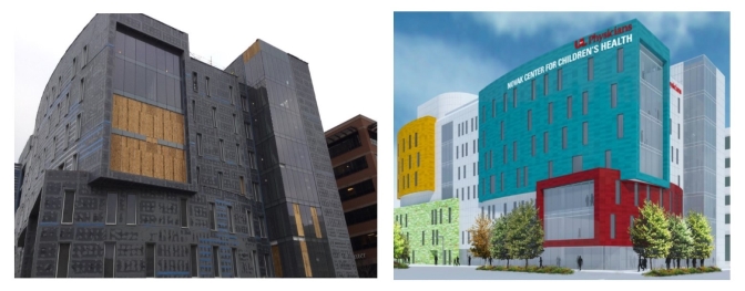 The Novak Center for Children’s Health in its current state is shown at left; a rendering of the finished building is shown at right.